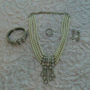 Heidi Days 4 Strand Pearl & Rhinestone Necklace Earrings Ring Bracelet